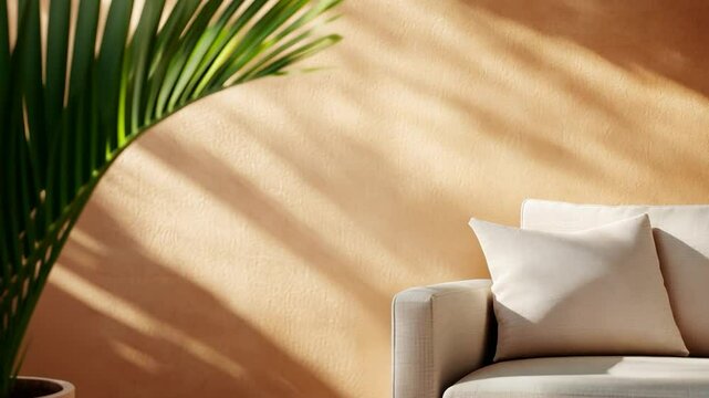 Sunlight illuminating beige sofa with cushions and leaf shadows on wall
