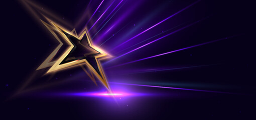 Golden star with purple lighting effect glowing on dark background and sparkle.