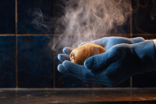 Hot potato - Potato held in gloved hands steaming against dark background