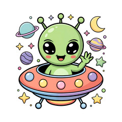Adorable alien in flying saucer space cartoon