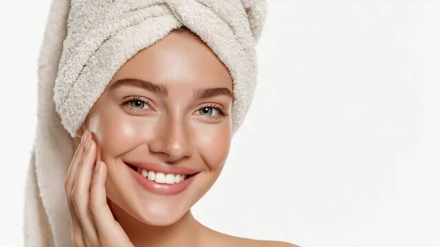 A beautiful woman with a wrap towel on her head, gently touching her face