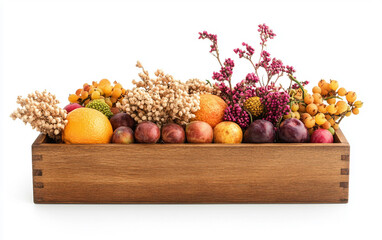 A decorative box containing wheat barley figs pomegranates olives dates and grapes Isolated on white Background