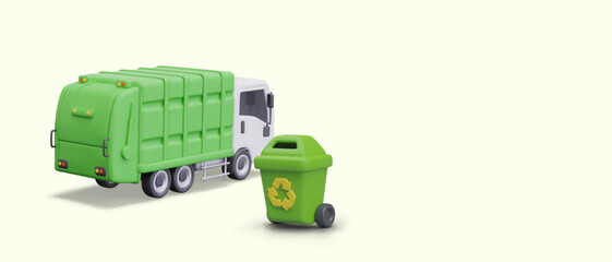 Realistic garbage truck, green garbage can with recycling sign. Concept of waste sorting, careful attitude to secondary resources. Horizontal layout on yellow background