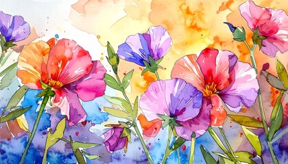 Watercolor Sweet Pea Floral Border, beautiful hand drawn botanical illustration