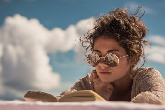 Head int he clouds - Woman reads book outdoors with sky and clouds in glasses - Powered by Adobe