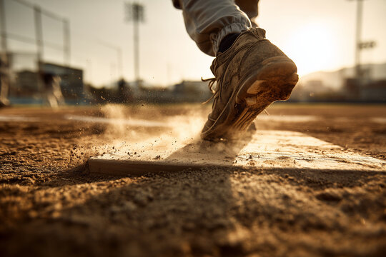Step up to the plate - Baseball cleat stomping on base at baseball field