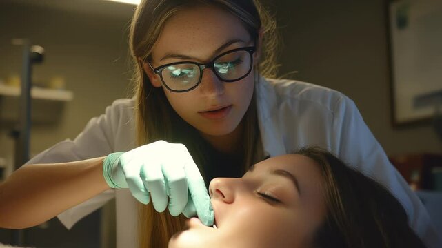 A skincare specialist performs a treatment on a patient, focusing on precise techniques and patient care in a well-lit clinical environment during the late evening.