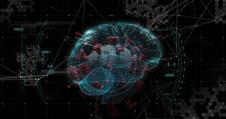 on system activation holographic cyan brain rotating while scanning virus sphere for detection - Powered by Adobe