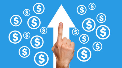 Salary growth success hand gesture upward arrow and dollar symbol, Finance achievement upward trend, Assessment salary increase concept, Positive economic growth with finger pointing