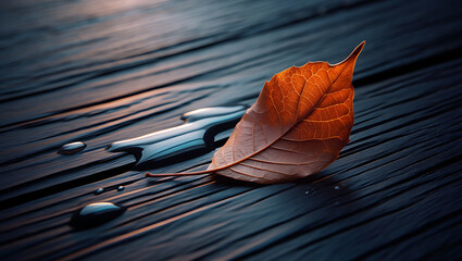 Single Brown Leaf on Dark Wood Water Droplets autumn leaf