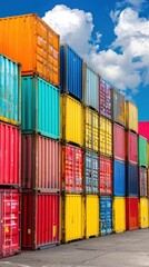 Fototapeta premium Colorful shipping containers stacked high at port under a partly cloudy sky