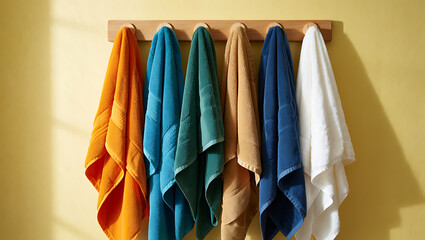 Six Bath Towels Hanging Wooden Rack Orange Teal Beige Navy White