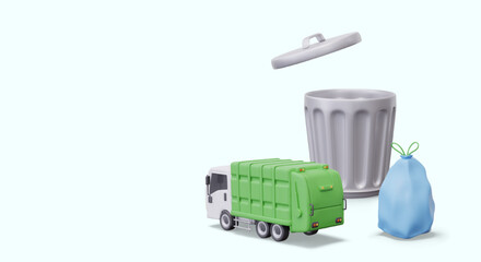 Realistic garbage truck, metal container, tied garbage bag. Vector composition on colored background. Municipal transport. Place for text, offer, service price