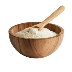 White rice in wooden bowl with spoon isolated on transparent background