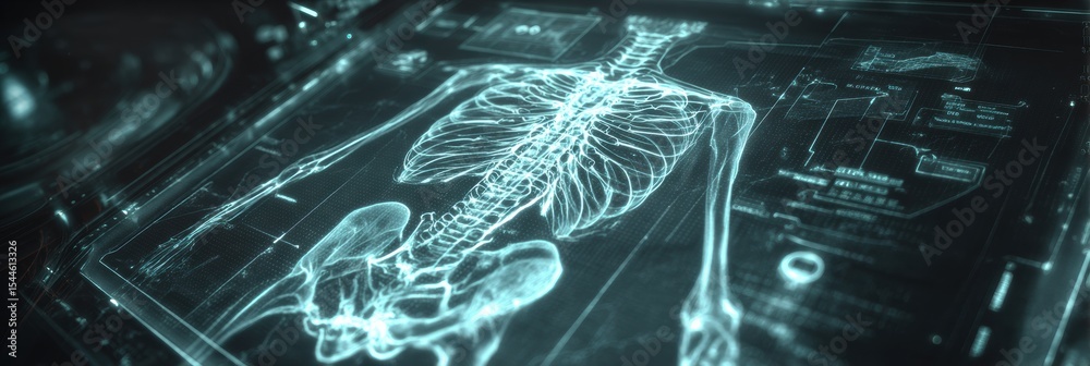 Poster Cyber-style Holographic Interface Displaying Detailed Nervous System Map in a Futuristic Medical Setting