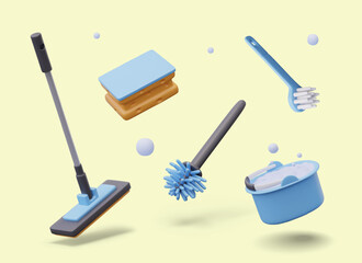 Vector composition of floating cleaning supplies. Tools and detergents. Bucket with soapy foam, mop, sponge, brushes of various types. Set of 3D elements on yellow background