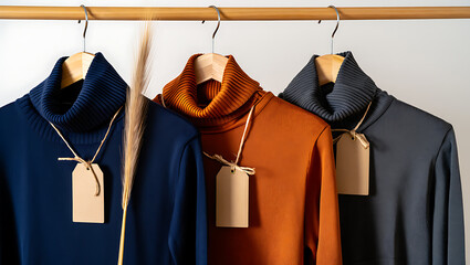 Three turtleneck sweaters navy orange gray on wooden hangers