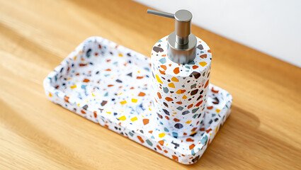 Terrazzo Soap Dispenser and Tray Set on Wood pump bathroom accessories