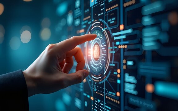 Detailed view of a hand touching a spinning data flow, abstract data flow processing visualization background, futuristic and highresolution, 8K quality. High quality - Powered by Adobe