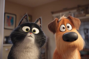 Cute Cat and Dog Side by Side, Sharing a Curious Moment in a Cozy Home Setting Generative AI