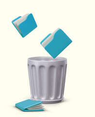 Concept of information destruction, data deletion. Realistic folders with documents fall into large metal trash can. Memory cleaning software. Color vector composition