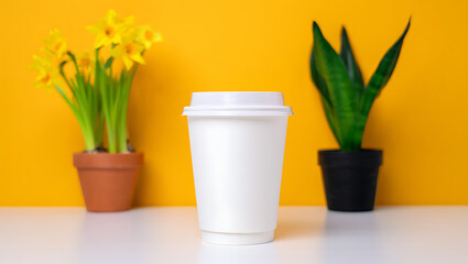 White Coffee Cup Yellow Background Daffodils Snake Plant