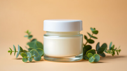 White Cream Jar with Eucalyptus Leaves on Beige Background