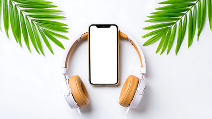 White Headphones Beige Earcups Smartphone Palm Leaves White Background