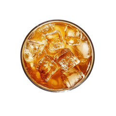 Amber liquid with ice cubes isolated on transparent background