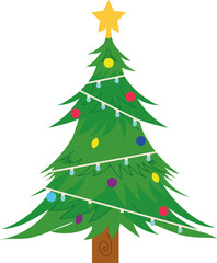 Festive Holiday Pine Tree: A vibrantly animated Christmas tree, aglow with colorful ornaments and shimmering lights, topped with a bright star, bringing seasonal cheer.