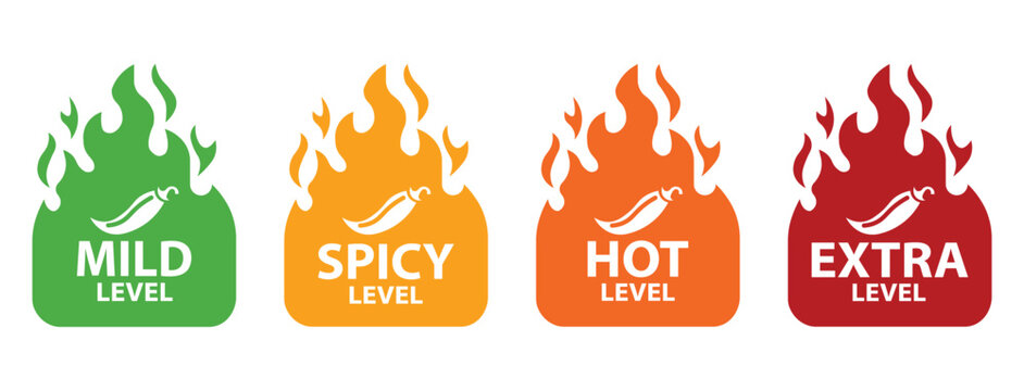 Red Chili Peppers Fire Flames icon. Chili mild level, spicy level, hot level, extra level Label. Hot Spicy green, yellow, orange icons. Logo Spicy. Extra chilli badge. Hand drawn. Vector illustration.