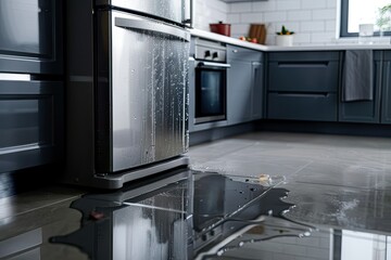 high quality image of Leaking Refrigerator with Water Puddle on Floor
