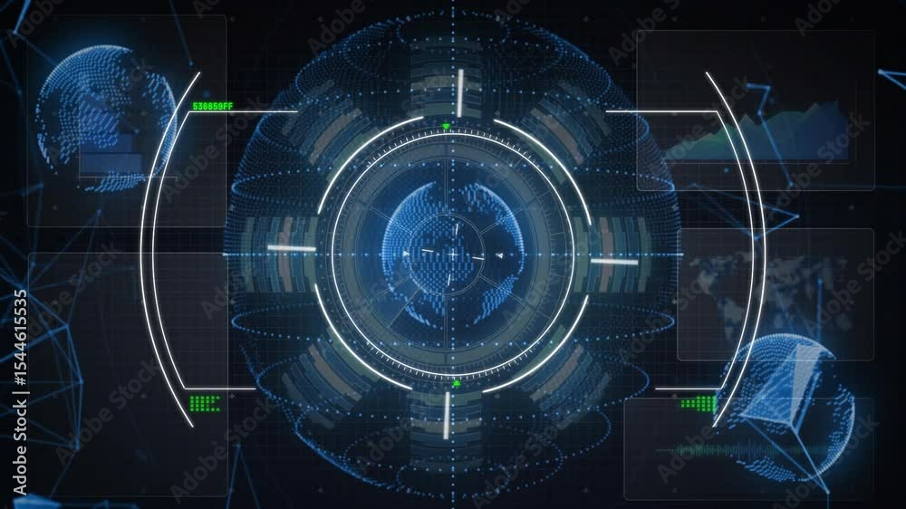 Poster dark grid initiating globe appearing rings rotating while side panels updating data display