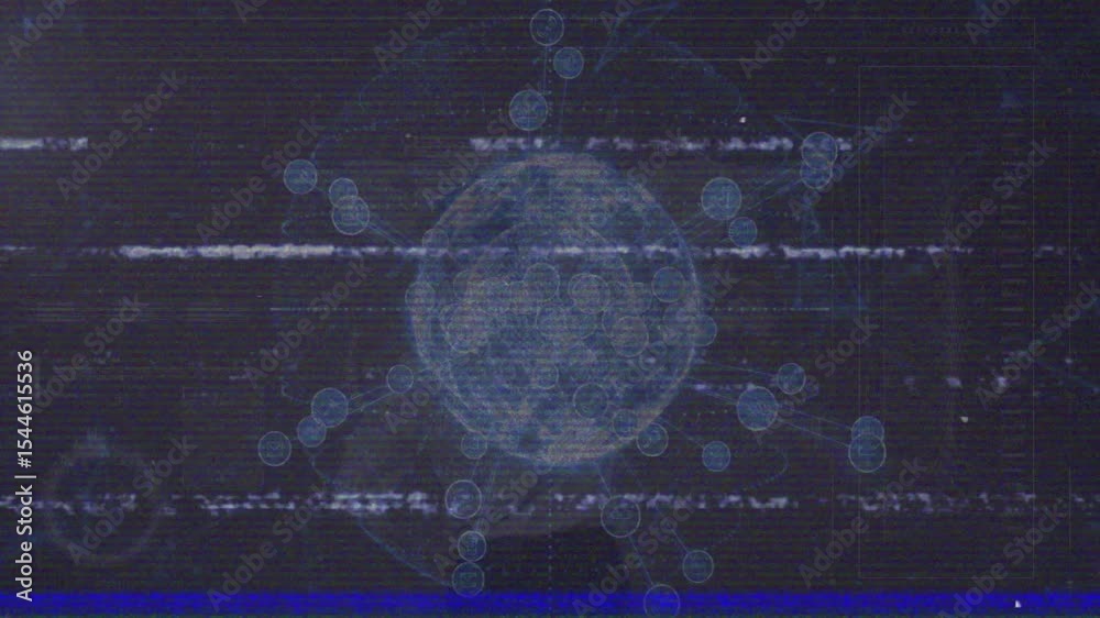Poster globe receiving glitch sweep and generating data nodes and connectors for technology interface