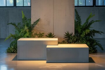 Two concrete podiums in a room with green plants and a concrete wall, for product display