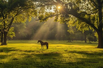 Vibrant Picture of a Field with Trees and a Horse in the Middle of it