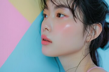 A Close Up Teenage Beautiful Asian Woman Model on a Colorful Pastel Background