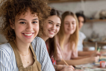 Fototapeta premium A group of young women smiling and painting together in a bright, cozy classroom setting.