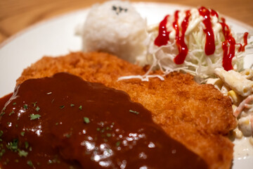 Tonkatsu, Fried Pork Loin Cutlet serve on plate with rice and cabbage