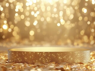 high detail image of Gold podium with glitter and bokeh light 3d product mockup for advertising branding or product display high detail 8k