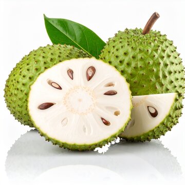 Corossol ou cachiment, isol&eacute; sur fond blanc avec gouttes de rosée. Generated image