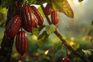High Definition Image of Cacaos Hanging From a Tree Branch in the Cacao Orchard