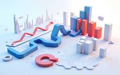 Data Flow Visualized: A dynamic 3D rendering showcases data analysis with charts, funnels, and growth concepts, ideal for illustrating business trends. High quality