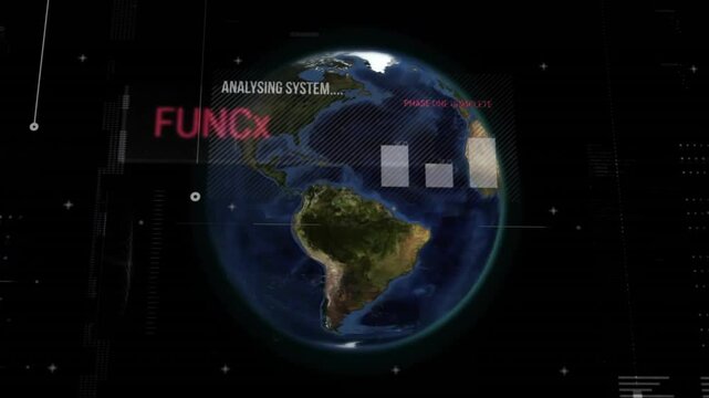 Upon startup 3D Earth globe emerging, spinning UI overlay sliding, bars filling analysis completing