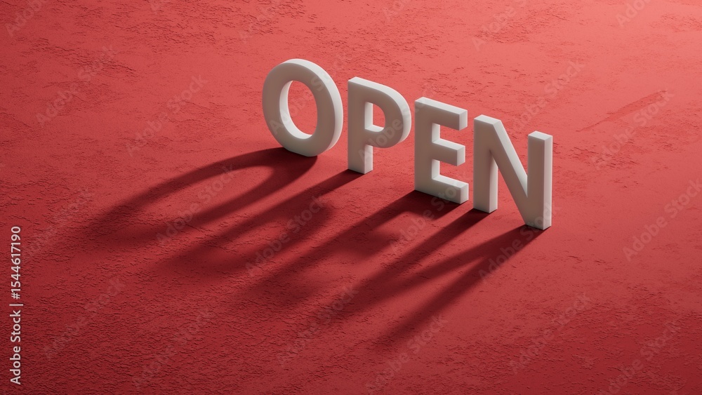 Poster open.shadow of 3d charcaters spelling.flat lay view from above on red background with shadow of 3d c