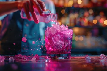 Premium Quality Picture of Bartender Preparing a Pink Cocktail