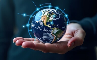 A detailed image of a hand holding a hightech digital globe, with luminous connections and dynamic data points, representing a connected planet. High quality