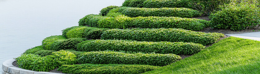 Lush green shrubs arranged in wavy pattern along water edge, creating serene landscape