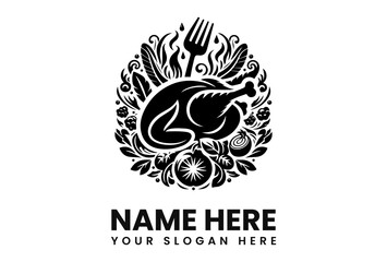 A stylized black and white logo featuring a roasted chicken surrounded by food elements.