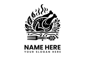 A stylized logo featuring a roasted chicken surrounded by decorative foliage and a fork.